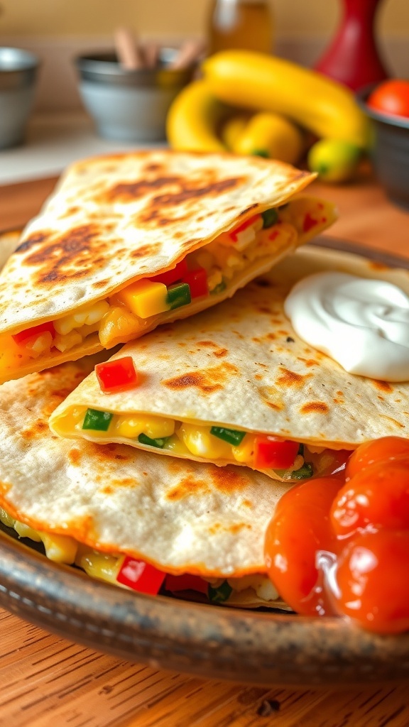Breakfast quesadilla with cheese and eggs, served with salsa and sour cream.
